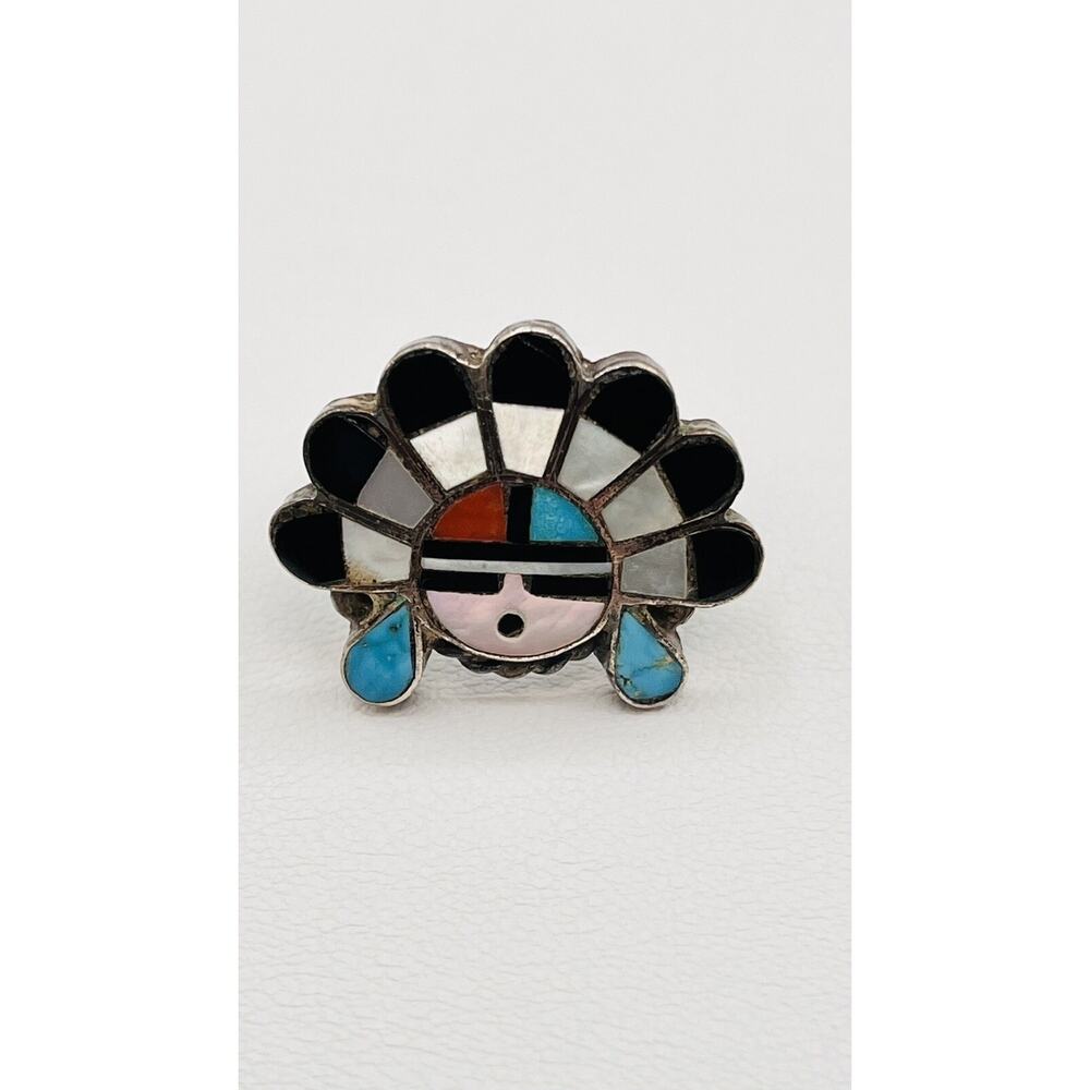 Sterling Zuni Sunface Ring Kachina Mask Coral Turquoise Onyx MOP Sz 6,5 As Is